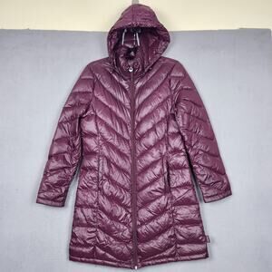 Calvin Klein Down Puffer Jacket Womens Medium Purple Hooded Packable Long Coat